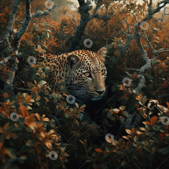 Скачать Снимок леопарда, прячущегося в густых кустах саванны. фотосток Ozero