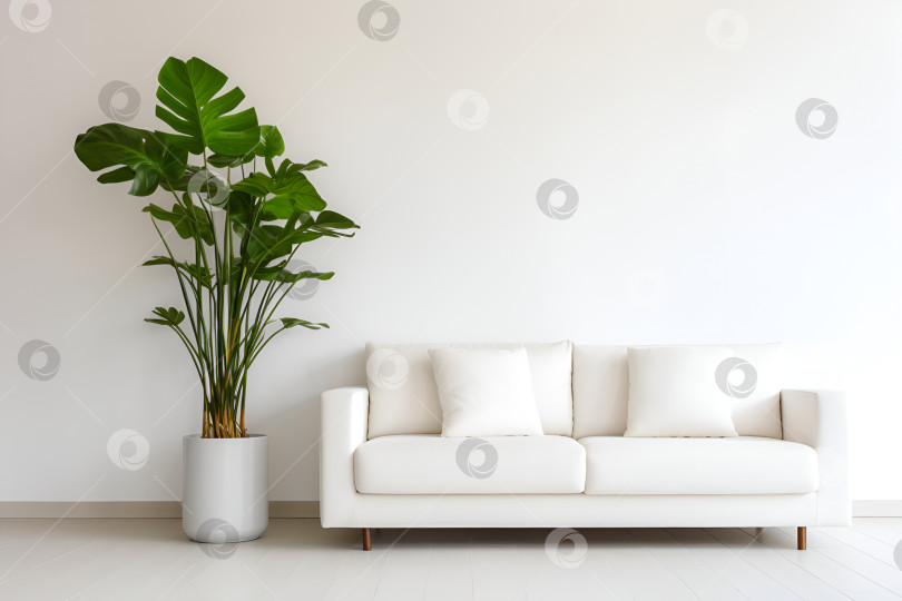 Скачать Белый диван в светлой комнате в стиле минимализма фотосток Ozero