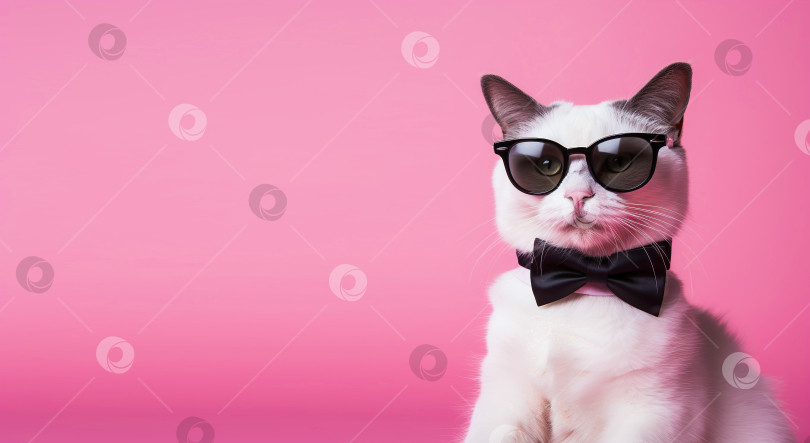Скачать Стильный белый кот в солнцезащитных очках и галстуке-бабочке позирует на розовом фоне, сбоку достаточно места для копирования фотосток Ozero
