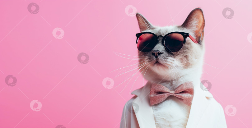 Скачать Шикарный белый кот в солнцезащитных очках и галстуке-бабочке на розовом фоне, излучающий прохладную, утонченную атмосферу copy space фотосток Ozero