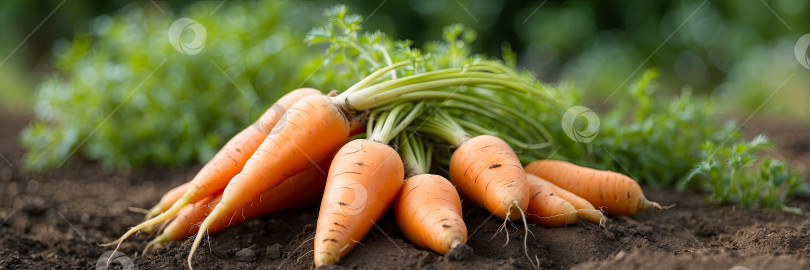 Скачать Спелый урожай оранжевой моркови в саду под лучами солнца - это осенний урожай натурального экологически чистого продукта с вашего огорода. Сгенерированный искусственным интеллектом фотосток Ozero