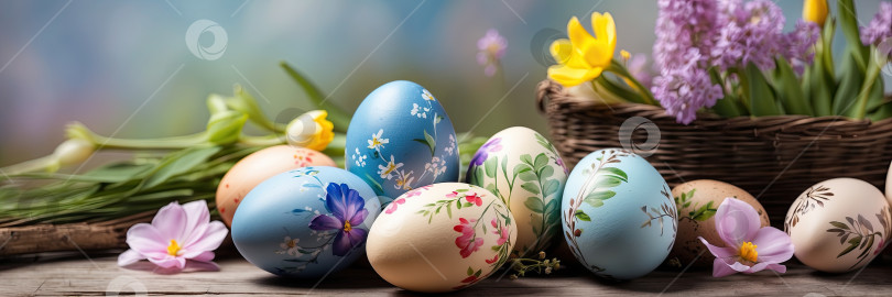 Скачать Разноцветные пасхальные яйца на столе с весенними цветами - Пасхальный баннер с пространством для текста. Сгенерированный искусственным интеллектом фотосток Ozero
