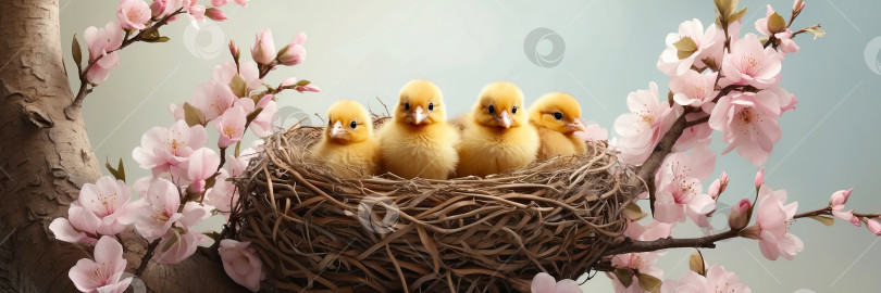 Скачать Милые пушистые желтые цыплята в весеннем цветущем гнезде из веток и цветов на однотонном фоне. Весенняя открытка, весеннее время, дети, детство. Сгенерировано искусственным интеллектом фотосток Ozero
