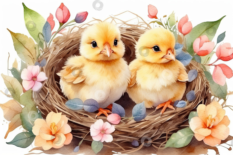 Скачать Милые акварельные пушистые желтые цыплята в весеннем цветущем гнезде из веток и цветов на природе. Весенняя открытка, весеннее время, дети, детство. Сгенерировано искусственным интеллектом фотосток Ozero