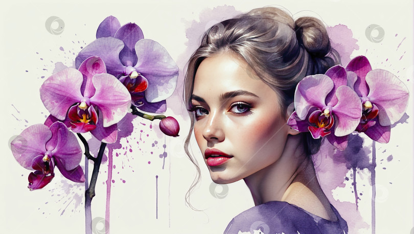 Скачать Акварельный силуэт женщины с нежными фиолетовыми цветами орхидеи в волосах - весенне-летний портрет. Свобода, женственность, свадьба, макияж, стилист, парикмахер, невеста. Искусственный интеллект сгенерирован фотосток Ozero