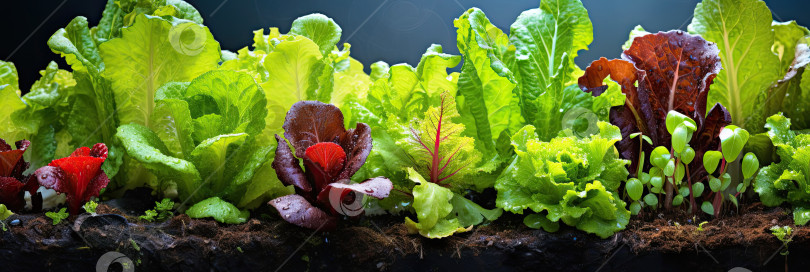 Скачать Урожай свежего салата в саду - полезный овощ, экологически чистая зелень, растущая в вашем саду. Искусственный интеллект сгенерирован фотосток Ozero