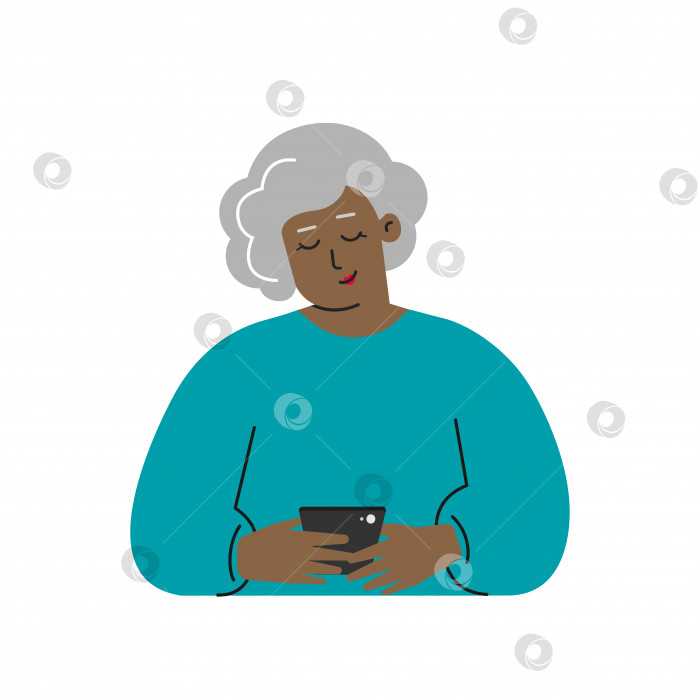 Скачать Векторная изолированная плоская концепция. Мультяшная афроамериканская пожилая женщина пишет сообщение по телефону. Симпатичная пожилая бабуля пользуется современными гаджетами. Она ищет партнера для романтических отношений с помощью мобильных приложений. Онлайн-знакомства фотосток Ozero