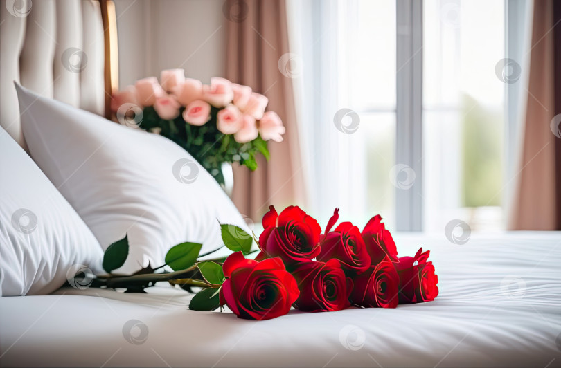 Скачать Букет красных роз лежит на белой кровати в светлой спальне. Подарок любимой на день Святого Валентина, день рождения, свидание. Скопируйте пробел. Сгенерировано искусственным интеллектом фотосток Ozero