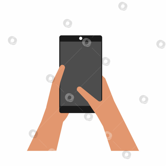Скачать Векторная изолированная плоская иллюстрация об использовании современных гаджетов для общения и покупок в Интернете. Руки держат телефон, стук помогает набрать сообщение или поиграть в игру. Скопируйте место для рекламы в мобильное приложение фотосток Ozero