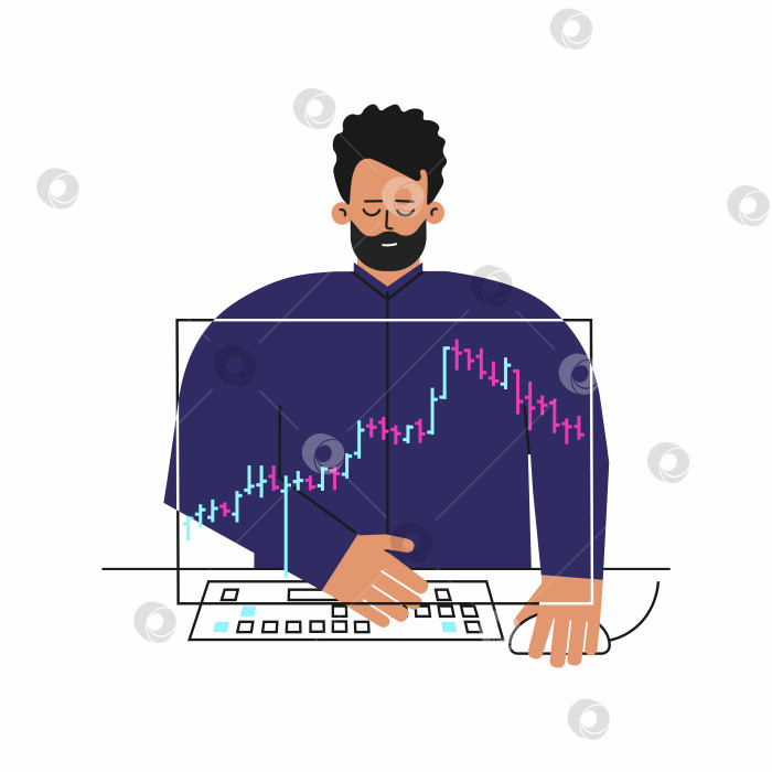 Скачать Векторная концепция финансовых рынков. Кавказец - трейдер, работающий онлайн на фондовой бирже. Плоский характер инвестора заключается в анализе данных на столбчатом графике, принятии решения о покупке акций с помощью компьютера фотосток Ozero