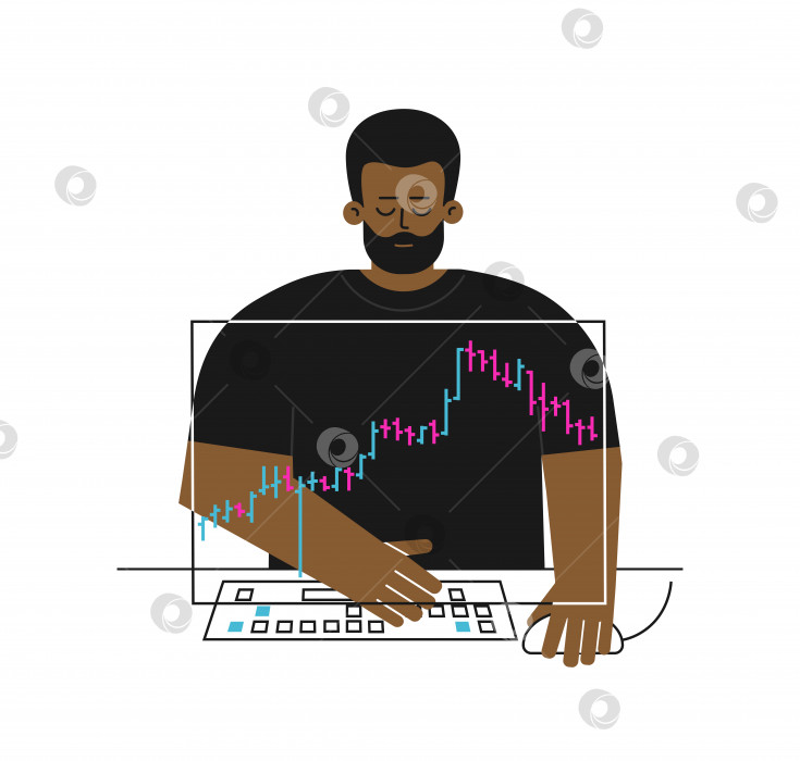 Скачать Векторная концепция с плоским характером трейдера. Афроамериканец - инвестор, работающий онлайн на фондовой бирже. Он пользуется компьютером, анализирует данные на столбчатой диаграмме, принимает решение о покупке акций. Финансовый рынок фотосток Ozero