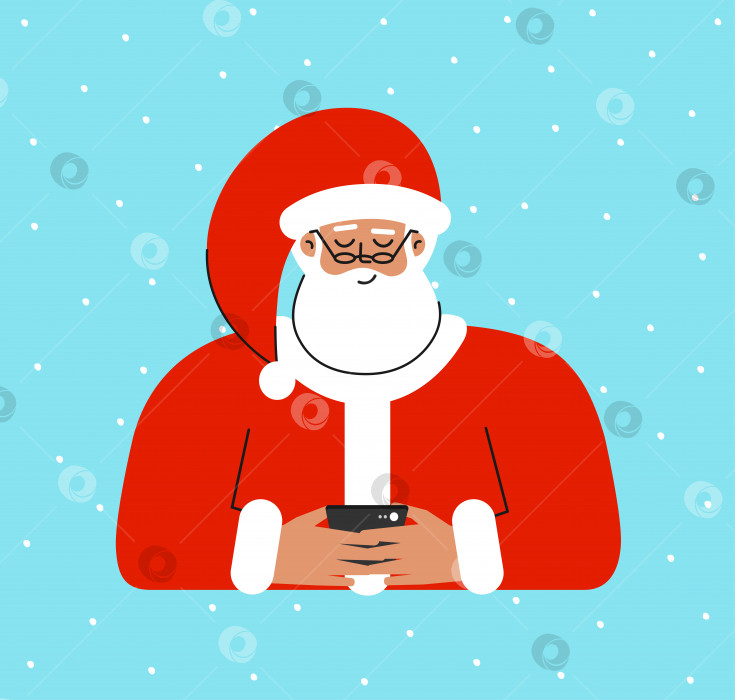 Скачать Векторная изолированная плоская рождественская иллюстрация. Мультяшный персонаж - милый улыбающийся Санта-Клаус. Он прочитал СМС со списком желаний на телефоне фотосток Ozero