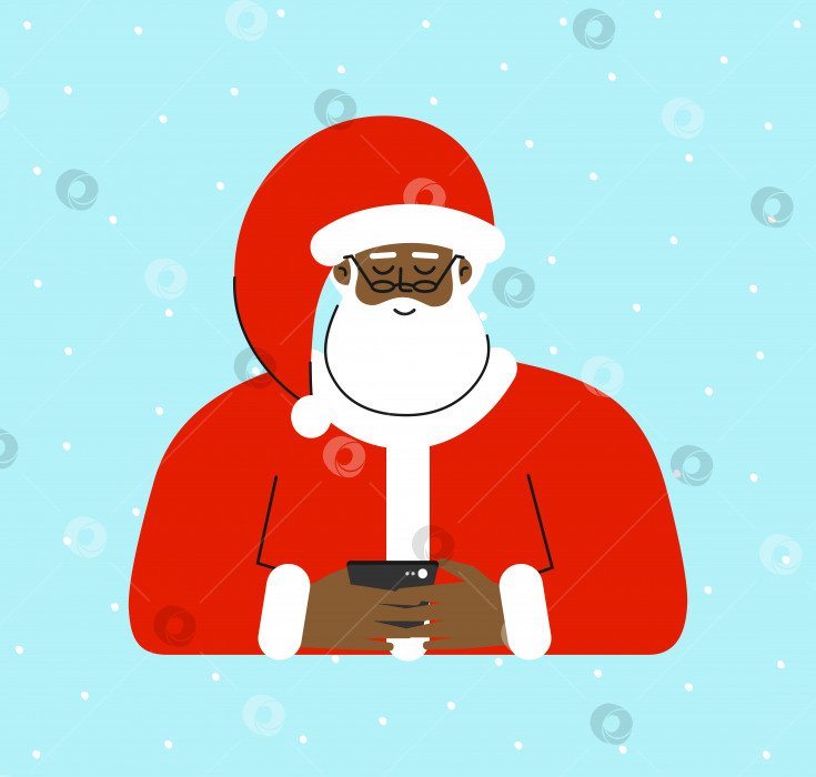 Скачать Векторная изолированная плоская рождественская концепция. Мультяшный персонаж пожилого афроамериканца Санта-Клауса. Он прочитал СМС со списком подарков на телефоне. Мобильные приложения для онлайн-покупок или общения. Зимние каникулы фотосток Ozero
