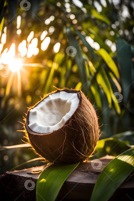Скачать разрезанный кокосовый орех на столе в саду крупным планом фотосток Ozero