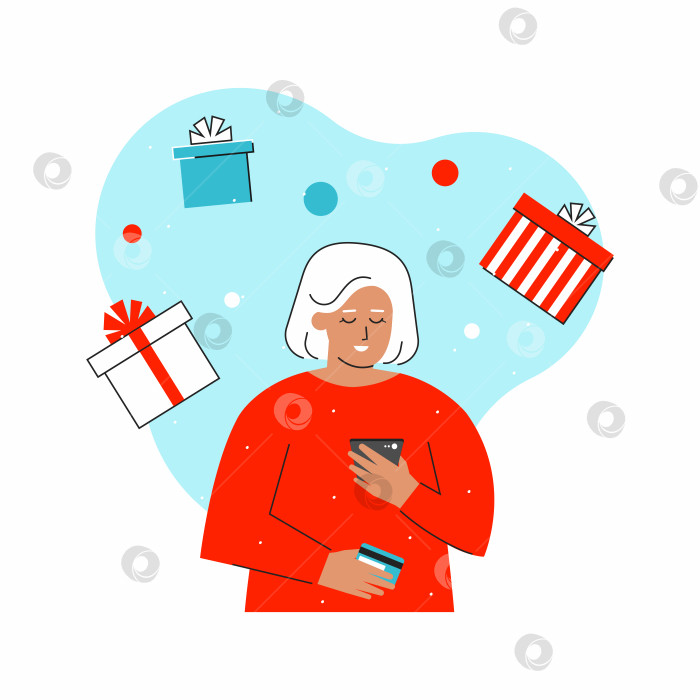 Скачать Векторная концепция квартиры с кавказской пожилой женщиной. Блондинка вводит данные банковской карты, чтобы заказать подарки. Она использует приложение mopile от e-commerce marketplace. Интернет-магазины с распродажами в рождественское время. фотосток Ozero