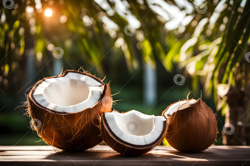 Скачать нарезанные кокосы на столе в саду фотосток Ozero