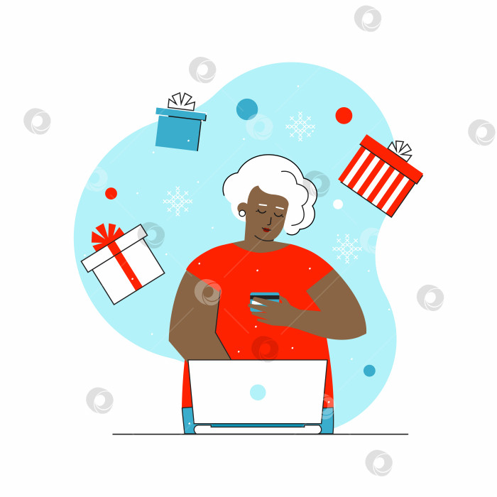 Скачать Векторная концепция квартиры с афроамериканской пожилой женщиной. Интернет-магазины с большими распродажами в рождественское время. Счастливая пожилая женщина вводит данные банковской карты на сайте, чтобы заказать подарки. Она пользуется компьютером фотосток Ozero