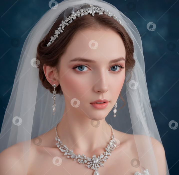 Скачать Красивая невеста с белой кожей, одетая в фату, серьги, ожерелье на пастельном темно-синем фоне фотосток Ozero