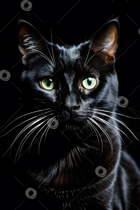 Скачать крупным планом черная кошка на черном фоне с приглушенной подсветкой фотосток Ozero