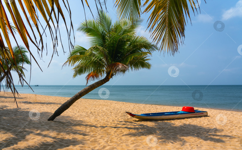 Скачать Маленькая рыбацкая лодка на песке пустынного пляжа под пальмой в солнечный день фотосток Ozero