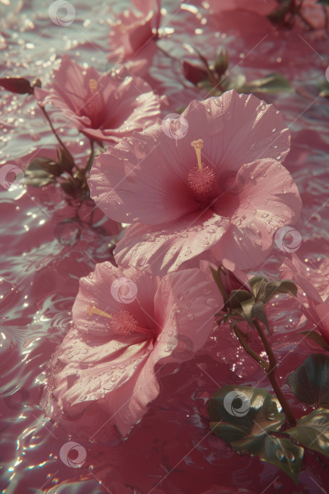 Скачать розовые цветы гибискуса на озере на закате фотосток Ozero