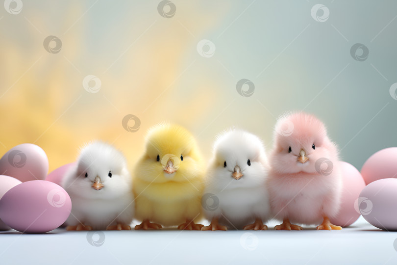 Скачать Пасхальная открытка. Разноцветные цыплята и крашеные яйца на пастельном фоне. Copyspace фотосток Ozero
