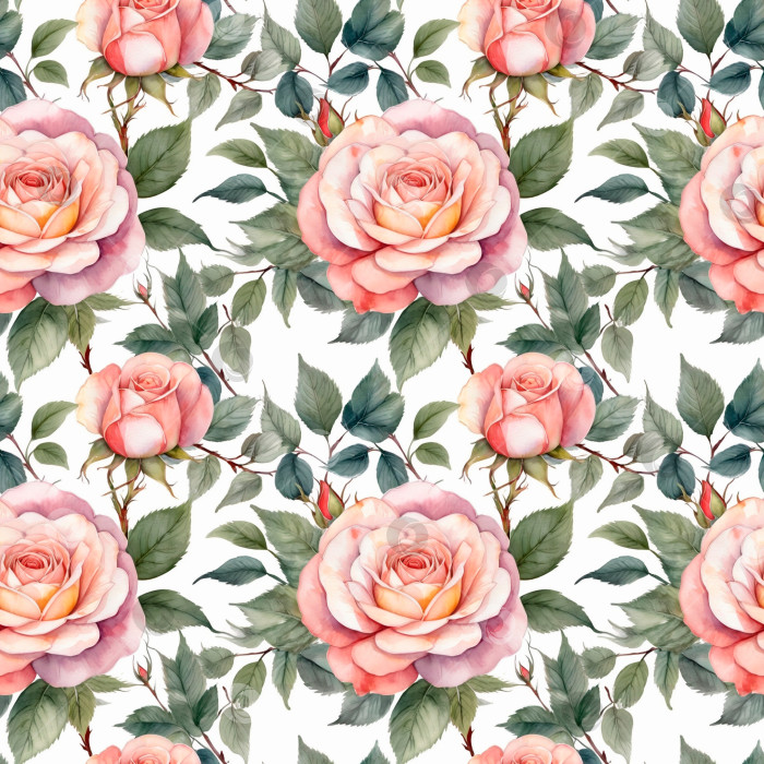 Скачать цветочный акварельный узор для обоев или ткани. Цветы розы на белом фоне. Плитка в ботаническом стиле. бесшовный узор фотосток Ozero