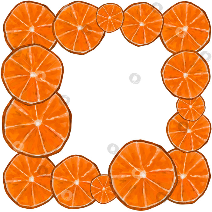 Скачать Квадратная рамка с оранжевыми фруктами. Нарисованные от руки дольки апельсина, выделенные на белом фоне. Ботаническая рамка, цитрусовые фрукты фотосток Ozero