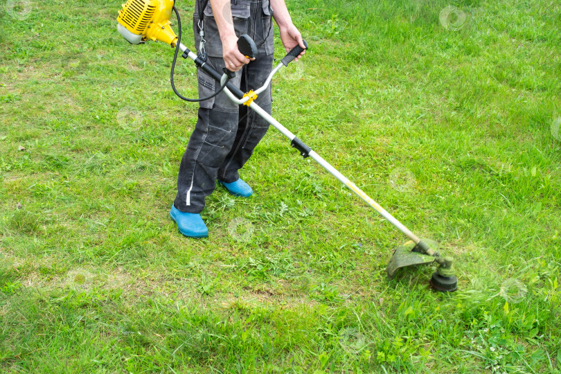 Скачать Мужчина-садовник подстригает зеленую траву на газоне на заднем дворе бензиновой косилкой. Триммер для ухода за садовым участком фотосток Ozero