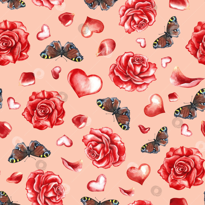 Скачать Бесшовный узор с красными розами, бабочками и сердцем. Рисованная акварельная иллюстрация. На розовом фоне. Для упаковки и текстиля, оберточной бумаги, салфеток, фонов. фотосток Ozero