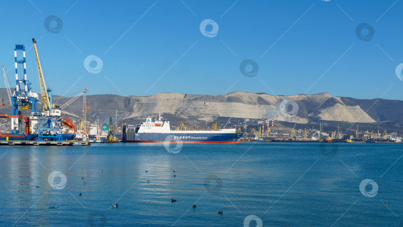 Скачать Паром Ulusoy 5 Sealines в Новороссийском морском торговом порту в Цемесской бухте.  Ro-Ro Cargo был построен в 1987 году и ходит под флагом Турции. Новороссийск, Россия - 20 декабря 2022 года фотосток Ozero