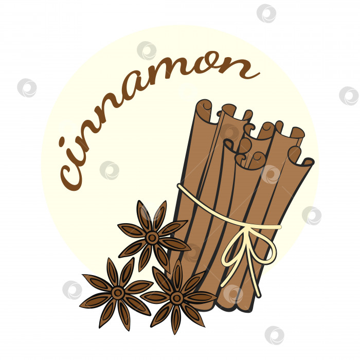 Скачать Иллюстрация палочек корицы и бадьяна с надписью Cinnamon. Векторная иллюстрация фотосток Ozero