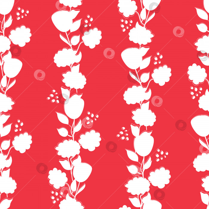 Скачать Бесшовный узор с белыми силуэтами цветов на красном фоне. Цветочный абстрактный фон фотосток Ozero
