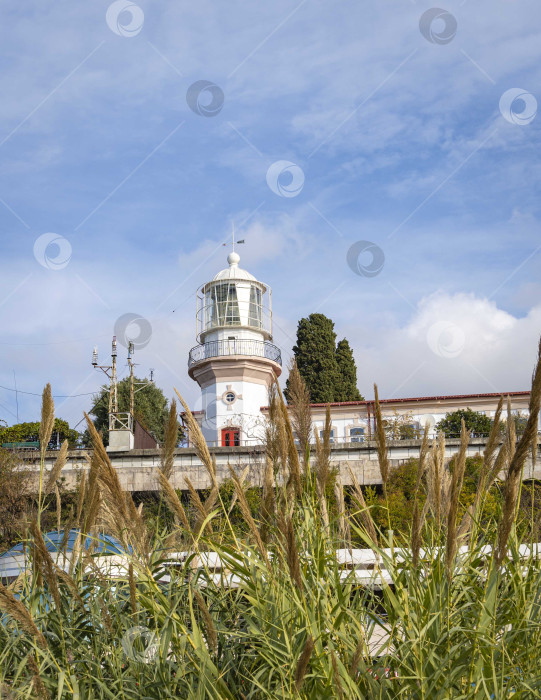 Скачать Главный городской маяк, построенный в конце 1800-х годов на Приморской набережной. Крупный план. Маяк на фоне голубого неба с белыми облаками. фотосток Ozero