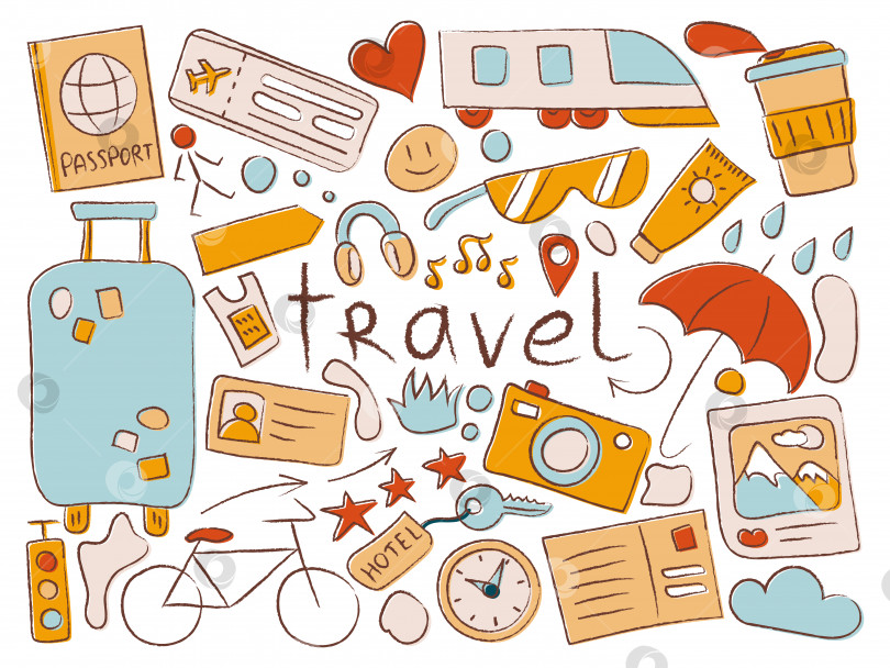 Скачать Набор предметов на тему путешествий и отпуска с надписью travel. Туризм, транспорт, погода, предметы фотосток Ozero