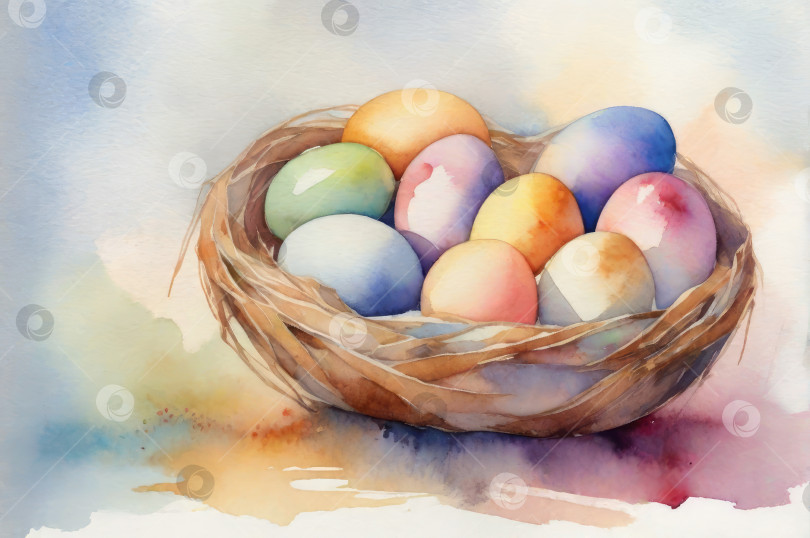 Скачать шаблон пасхального плаката гнездо в акварельном стиле с разнообразными пасхальными яйцами, расположенными на мягкой/ фотосток Ozero