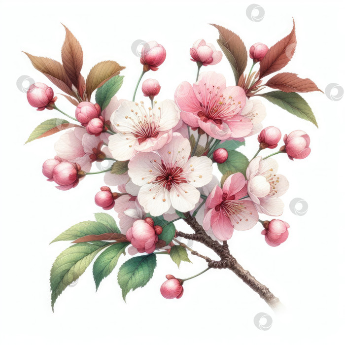 Скачать Акварельная иллюстрация цветущей вишни. фотосток Ozero