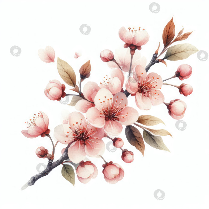 Скачать Красивая ветка цветущей вишни на акварельном белом фоне. Акварельная живопись. фотосток Ozero