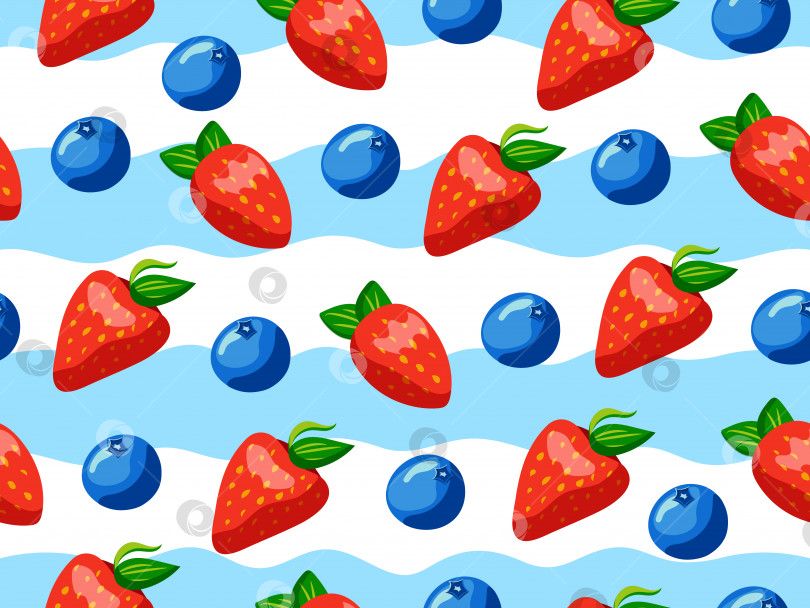 Скачать Бесшовный узор с ягодами на фоне синих полос. Клубника и черника. Узор для йогурта фотосток Ozero