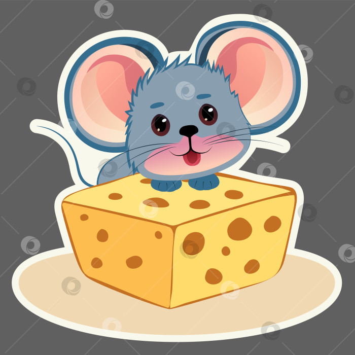 Скачать Симпатичная серо-голубая мышка с большим сыром, в стиле каваи, рисованный стиль, мультяшный персонаж. Идеально подходит для наклеек или иллюстрации к детской книге. Векторная графика EPS10 фотосток Ozero