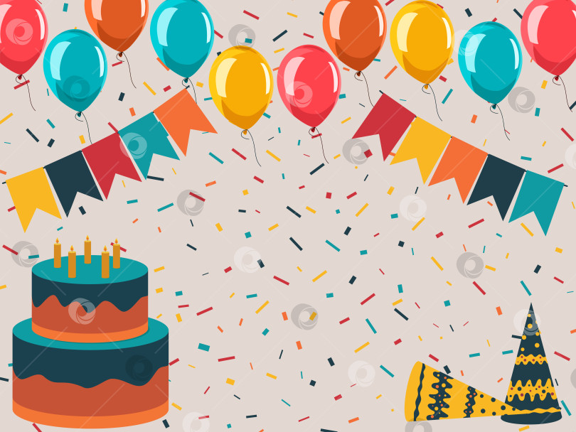 Скачать Векторная иллюстрация для празднования дня рождения и концерта с воздушными шарами, тортами, флагами и кепками фотосток Ozero