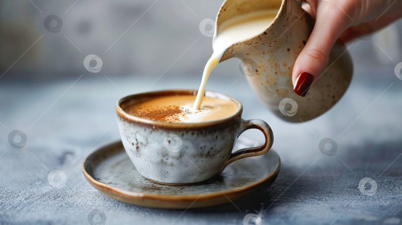 Скачать Женская рука наливает сливки в чашку кофе. Сгенерированный ИИ фотосток Ozero