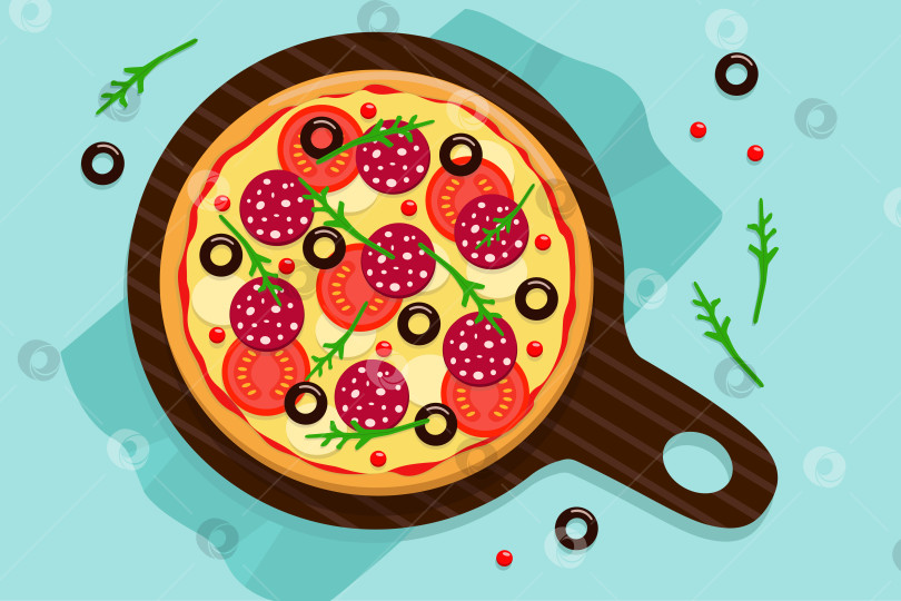 Скачать Векторный рисунок целой круглой пиццы с помидорами, колбасой пепперони, сыром оливки и рукколой на синем фоне салфеток. фотосток Ozero
