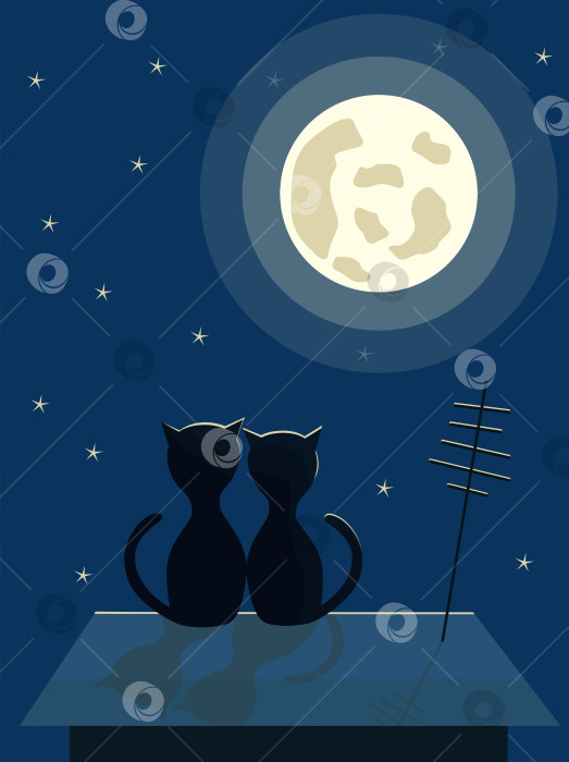 Скачать Две черные кошки сидят на крыше. Ночной город, луна и звезды на небе. Векторная иллюстрация фотосток Ozero