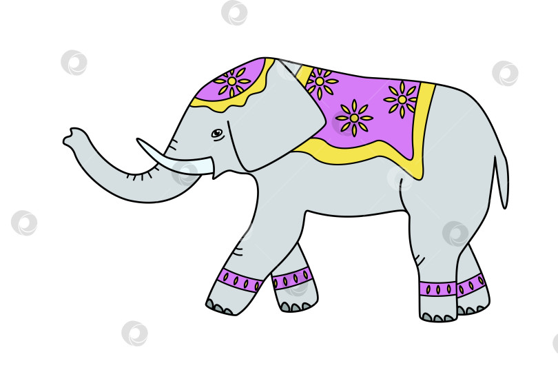Скачать Мультяшный нарисованный слон с одеялом на спине и на голове. Украшенный индийский племенной слон, векторная иллюстрация. фотосток Ozero