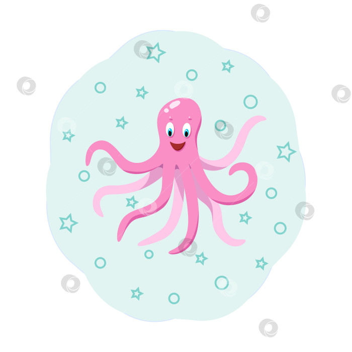 Скачать Мультяшный забавный осьминог с пузырями и звездами, векторная иллюстрация морского животного в детской концепции. фотосток Ozero