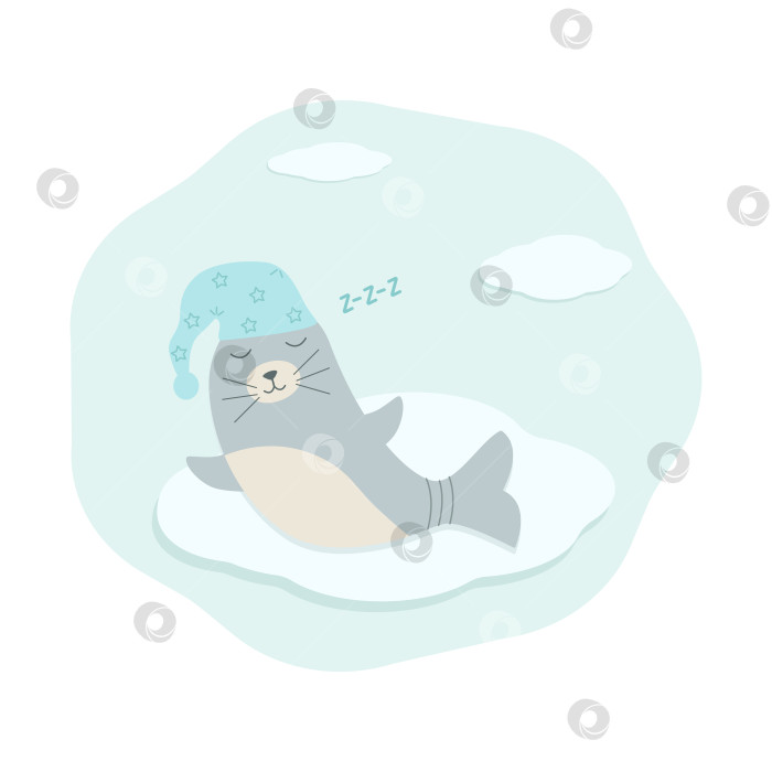 Скачать Милый мультяшный персонаж тюлень спит в ночном колпаке на облаке. Векторная иллюстрация концепции для детей "спокойной ночи". фотосток Ozero