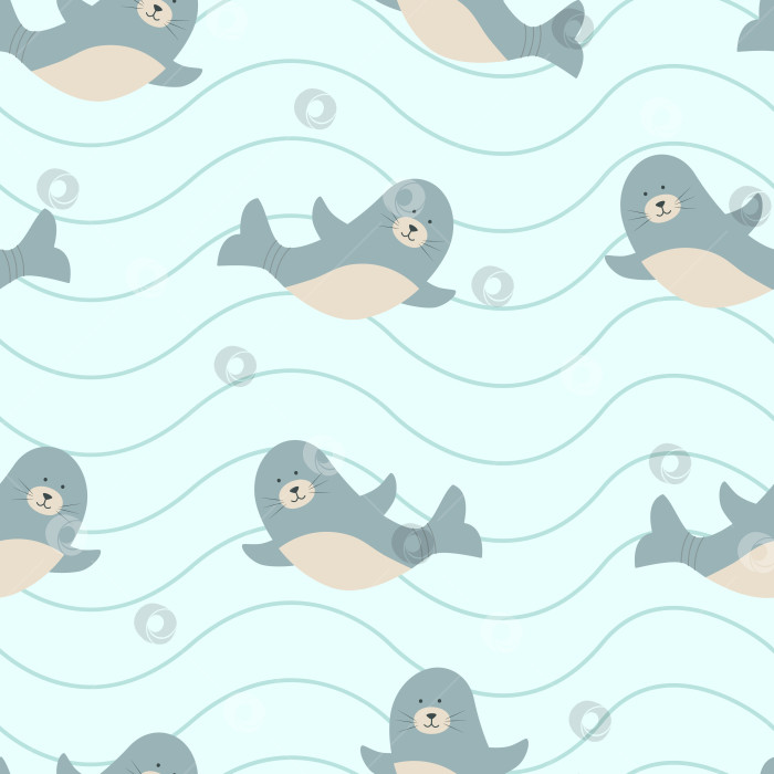 Скачать Бесшовный узор милого мультяшного персонажа, векторная иллюстрация морского животного на фоне моря с волнами. фотосток Ozero