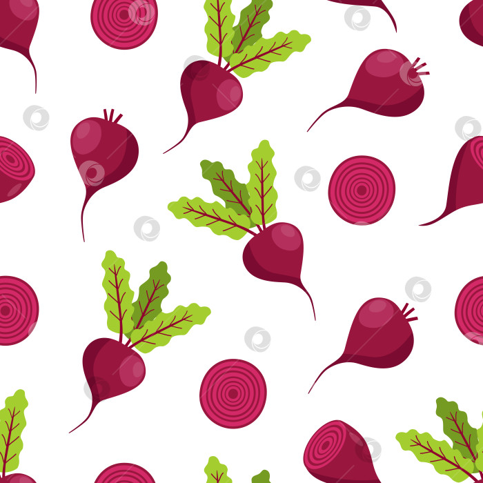 Скачать Бесшовный узор свеклы с листьями и свеклой в разрезе. мультяшная векторная иллюстрация овощей. фотосток Ozero