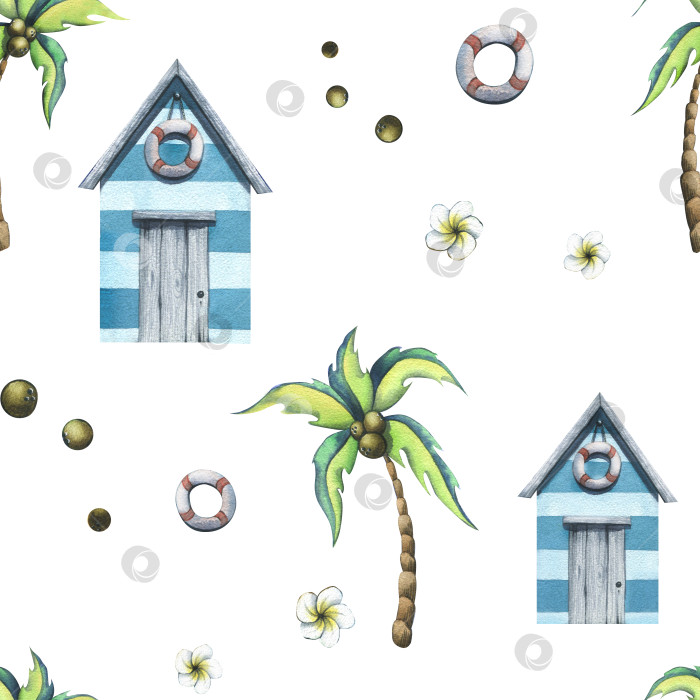 Скачать Тропический остров с пляжным домиком, спасательным кругом, кокосовыми пальмами, листьями, кокосовыми орехами. Акварельная иллюстрация. Бесшовный узор на белом фоне. Для тканей, текстиля, обоев, упаковки, чехлов. фотосток Ozero